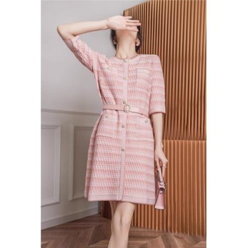 粉色小香風針織連衣裙女初夏季短款法式氣質a字裙小個子連身裙子