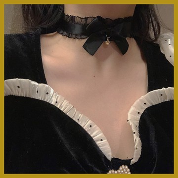 洛麗塔飾品 純慾風蕾絲黑白色蝴蝶結鈴鐺項圈 Choker頸鏈鎖骨鏈項鏈