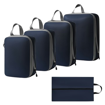 好拾選物 壓縮旅行衣物雙層拉鏈收納袋-藏青色  S(20 x 10 x 30cm) x 2 + M(25 x 10 x 35cm) + L(30 x 10 x 40cm) + 鞋袋(45 x 25cm)