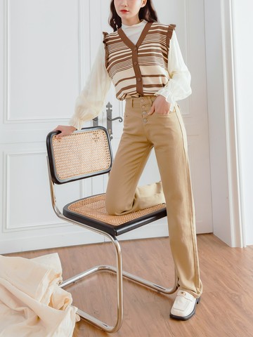 PLUS+長纖腿．高含棉排釦直筒褲(一般/加長)版小