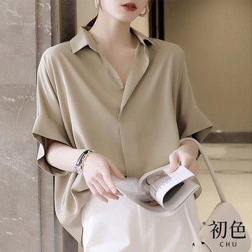 初色  寬版落肩袖造型套頭襯衫-共2色-(M-2XL可選)