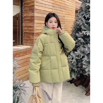 綠色90白鴨絨羽絨服女冬短款中戲學院韓版寬松牛角扣面包服厚外套
