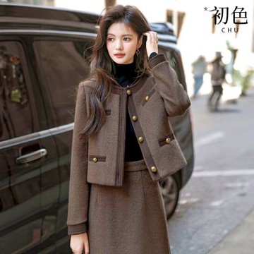 初色 休閒通勤輕奢開岔圓領長袖開衫上衣女上衣+開岔鬆緊中長裙長裙套裝-棕色-16316(M-3XL可選)