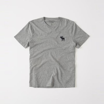 A&F 麋鹿 熱銷刺繡大麋鹿圓領素色短袖T恤-灰色