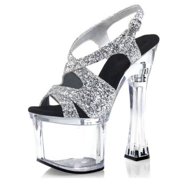 18CM閃粉恨天高粗跟水晶鋼管舞高跟鞋露趾防水臺性感夜店模特走秀