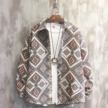 春秋2023新款民族風針織毛呢料襯衫男vintage古著寬松襯衣外套潮