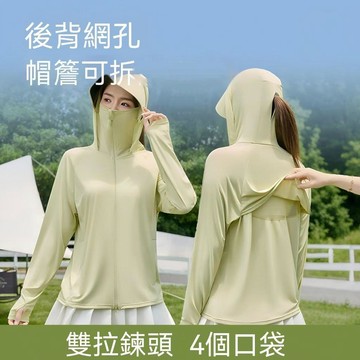 【臺灣出貨】大碼冰絲涼感外套女 可拆卸帽檐遮陽衫 後背網孔透氣冰絲空調服 全臉遮陽連帽外套 多口袋 夏季騎行輕薄外套
