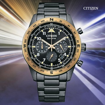 CITIZEN 星辰 Chronograph 光動能 碼錶計時三眼不鏽鋼腕錶-黑金43mm(CA4556-89E)