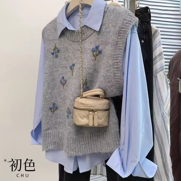 初色 韓系植物刺繡無袖圓領針織背心女背心-共2色-38924(F可選)