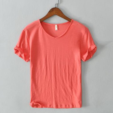 夏季男士純棉短袖T恤V領半袖衫日系青少年竹節棉薄款休閑體恤汗衫