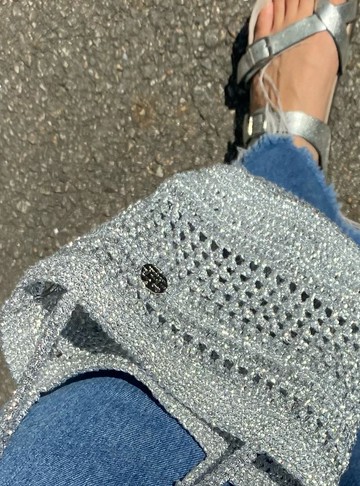 銀色金屬感方形鉤針迷你托特包