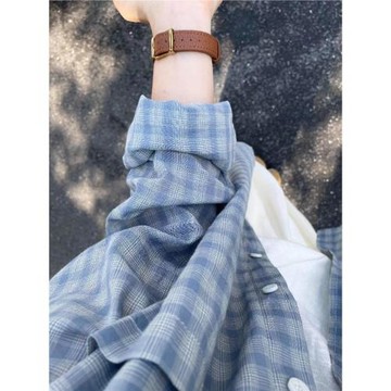 藍色防曬格子襯衫外套女夏季薄款小個子襯衣外搭開衫寬松長袖上衣