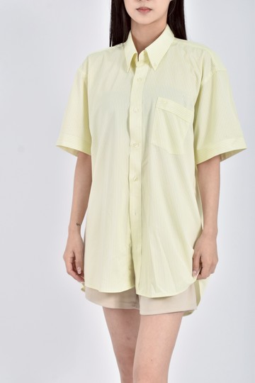 加購優惠(L) k jing質感條紋短袖黃色襯衫上衣