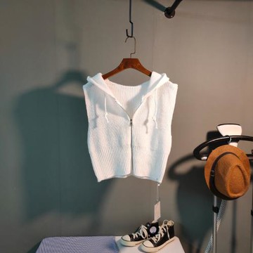 連帽短款抽繩無拉鏈寬松針織馬甲背心女2025韓版新款純色毛衣馬夾