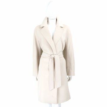 Max Mara-WEEKEND CORTE 翻領明線邊 杏白色純羊毛長袍式綁帶大衣 外套