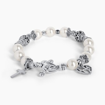 基督教白色Swarovski珍珠十字架愛心手鍊 8250079