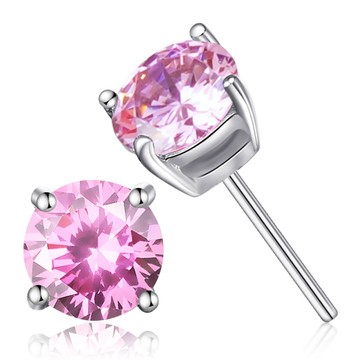 耳環・925純銀・單鑽・5MM・粉色