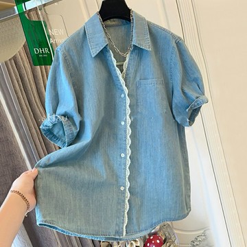 ＊ORead＊蕾絲V 領短袖牛仔襯衫上衣(藍色S~2XL)