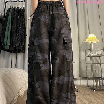 大尺碼~加大碼美式高街復古hiphop嘻哈迷彩工裝褲女束腳休閑褲子ins潮牌抽繩工裝褲顯瘦 運動休閒褲 美式工裝褲女寬鬆