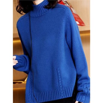 克萊因藍毛衣女冬寬松慵懶風軟糯半高領開叉洋氣時尚藍色針織毛衫
