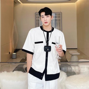 2025夏季小香風短袖t恤男ins潮牌韓版潮流輕奢百搭針織開衫上衣潮