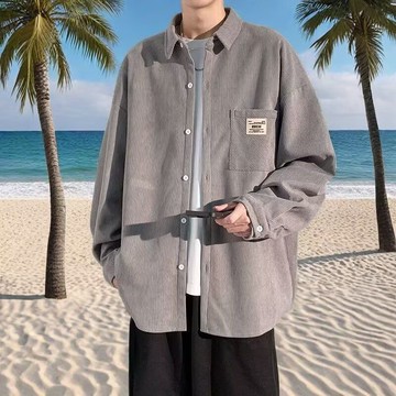 高級感慵懶風翻領長袖襯衫男時尚潮流休閒百搭寬鬆上衣男