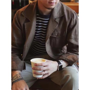 TheKiller男游獵無結構夾克safari棕色男士抗皺亞麻獵裝拿波里袖