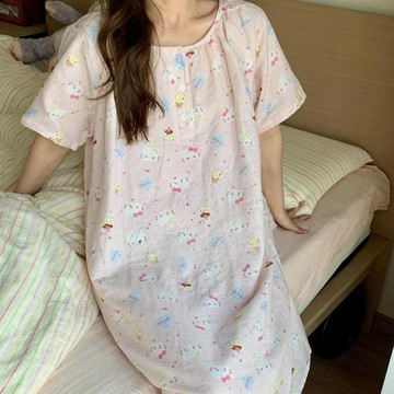 【雲朵棉紗感】睡裙女 夏季 呆萌小狗 薄款 短袖睡衣 可愛風 網紅 少女 家居服 睡衣 短袖 犬 睡衣短袖