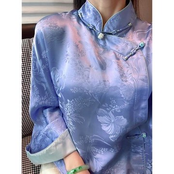 中式國風提花藍色改良旗袍襯衣女復古高級感立領盤扣小眾長袖上衣