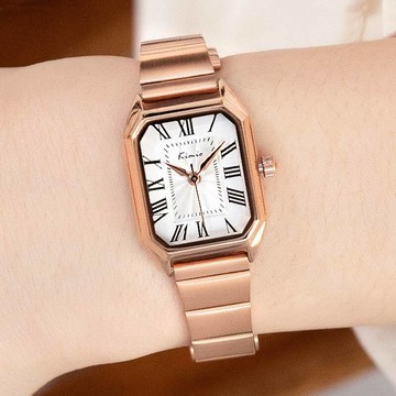 KIMIO倫敦的愛情八角波浪刻紋羅馬數字刻度金屬鍊帶手錶【WKI6540】-白面玫金帶