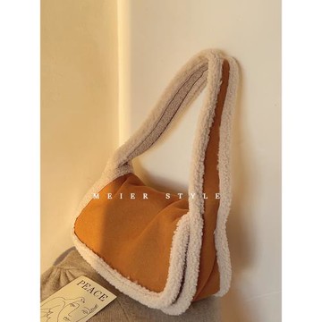 韓系ins羊羔毛拼接絨面腋下包毛毛包毛絨托特包時尚單肩包子母包
