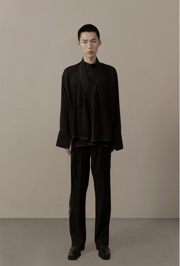 恰到好處的隨性 雙層中式交領 綢緞綁帶寬鬆襯衫