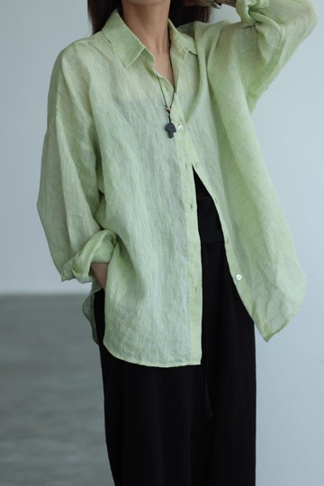 3RD 比利時進口100%色織亞麻青提綠長袖襯衫