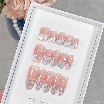 🎀純手工穿戴甲🎀玥黛 甜心糖果 純手工穿戴甲高位法式彩色手繪愛心春夏款顯白美甲新年美甲貼片高級感穿戴甲顯白美甲片 USS