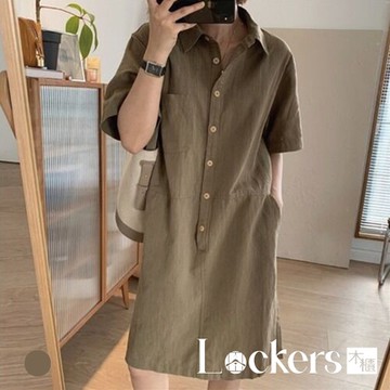 【Lockers 木櫃】法式氣質休閒翻領棉麻短袖洋裝 L113080104