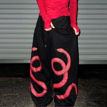 美式嘻哈雙蛇印花紅色蛇跳舞長褲爵士街舞辣妹百搭直筒運動褲衛褲