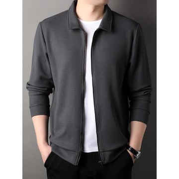 春秋季翻領含桑蠶絲羊毛長袖開衫男衛衣商務休閑男裝寬松拉鏈外套