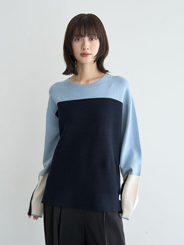 橫條紋/配色拼接袖排釦設計針織圓領上衣(07000761500) - YECCA VECCA