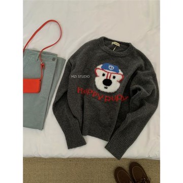 復古羊毛小狗刺繡減齡毛衣女秋冬新款寬松休閑百搭超好看針織衫潮