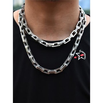 磨砂刻字粗方扣項鏈  鈦鋼拉絲竹節鏈男士街頭風潮牌時尚禮品配飾