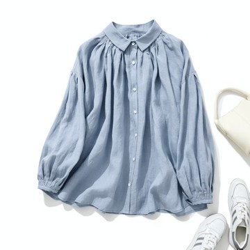 2023新色 百搭單品 100%亞麻長袖襯衫 淺藍色 220606-2