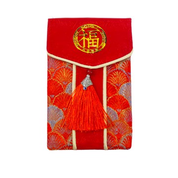 摩達客 春節開運招財金福字紅包袋：高級綢緞布扇葉流蘇錢包  1個