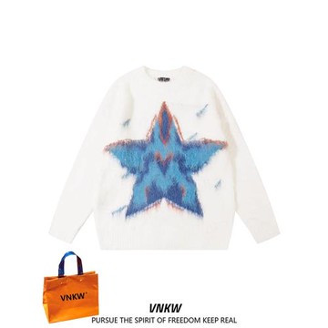 美式五星情侶毛衣男秋冬款復古仿貂毛小眾慵懶風圓領針織衫女潮牌