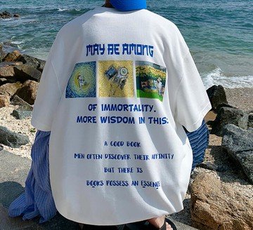 FINDSENSE X 韓潮 男士 寬鬆落肩大尺碼 動漫油畫印花 短袖T恤