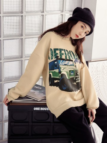 棉質吉普車印花羅紋木耳邊寬版上衣
