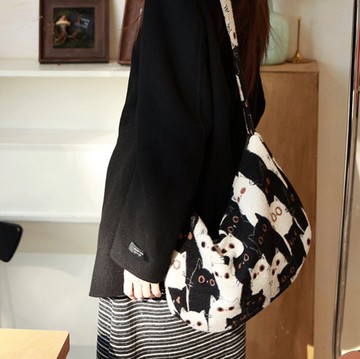 【貓咪包】森系復古文青/毛絨感可愛貓咪單肩斜挎布包