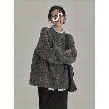 復古灰色圓領毛衣女套頭秋冬寬松慵懶軟糯外穿內搭百搭加厚針織衫
