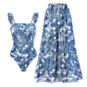 2023新款飛邊連體泳衣女法式復古遮肚顯瘦泳裝泰國沙灘度假游玩