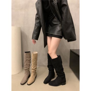 小個子復古棕色高筒靴高跟靴法式彈力瘦瘦靴西部牛仔靴夏長靴女靴