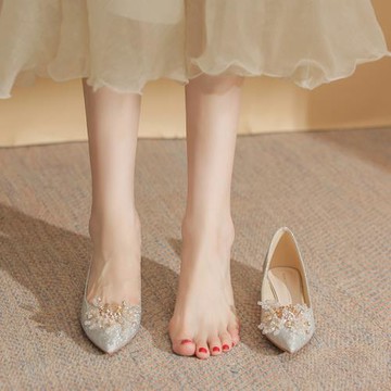 銀色婚鞋新娘鞋不累腳秀禾婚紗兩穿粗跟矮跟低跟高跟鞋孕婦可穿